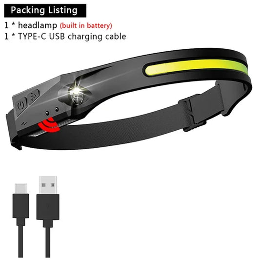 Sensor Headlamp LED Head Flashlight Rechargeable Headlight Head Torch Built-In Battery 5 Lighting Modes Fishing Camping Lantern
