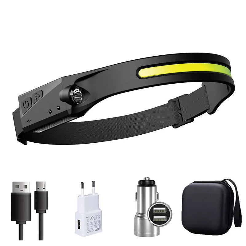 Sensor Headlamp LED Head Flashlight Rechargeable Headlight Head Torch Built-In Battery 5 Lighting Modes Fishing Camping Lantern